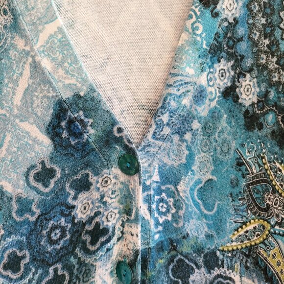 Chicos Cardigan Womens Medium Blue Print Longer Length Cotton Blend V Neck - Picture 3 of 7